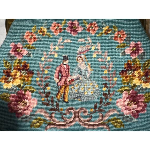 SHOWPIECE! NEVER USED VINTAGE 50's TEAL NEEDLEPOINT & PETITPOINT LEATHER BAG - Picture 10 of 11